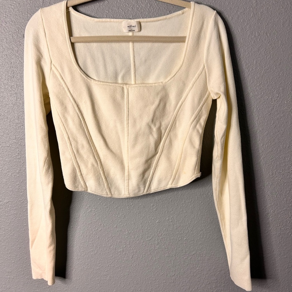 Aritzia Wilfred Women's White Corset Long‎ Sleeve Fitted Boat Neck Top Large